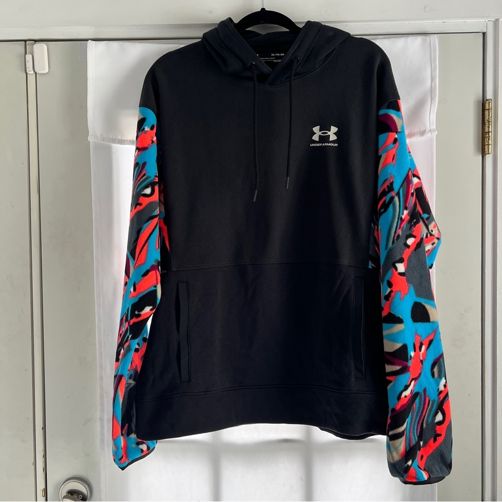 UNDER ARMOUR Black Blue Pink Fleece Loose Fit Hoodie - Men's Size XL - Picture 2 of 9